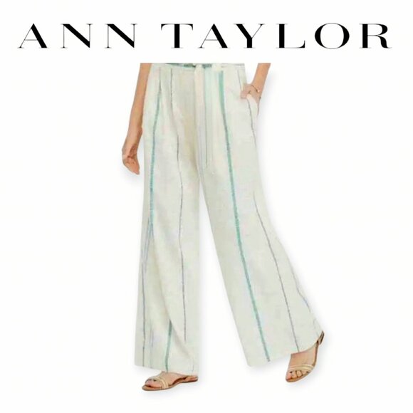 Ann Taylor Cream Blue Green Striped Wide-Leg Linen-Blend Pants Size 12 - Picture 1 of 15